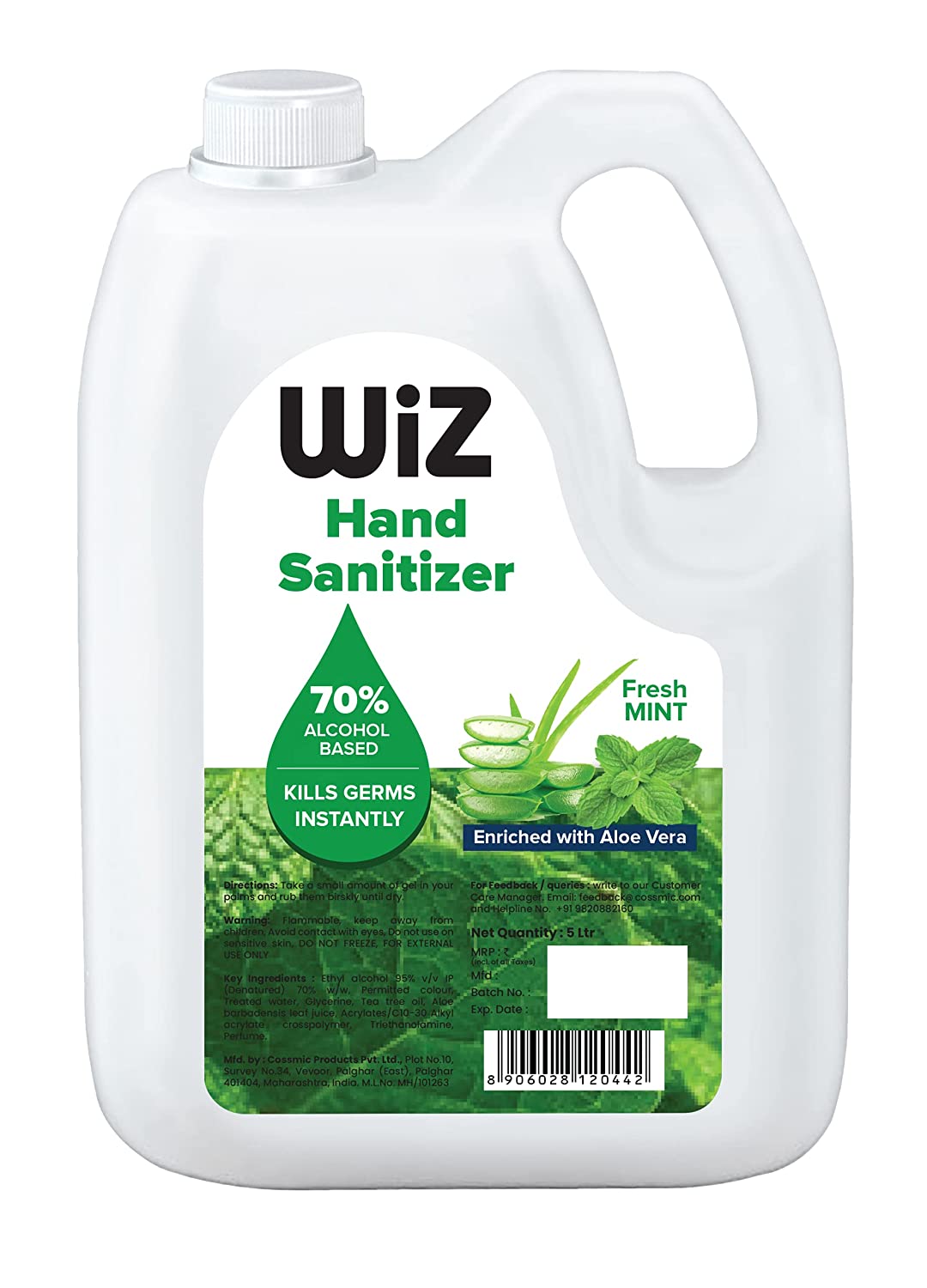 Wiz Alcohol Based Fresh Mint Hand Sanitizer Gel - 5L Refill Pack | Enriched with Aloe Vera | Germ Protection & Moisturizers Skin | Palm Cleanser