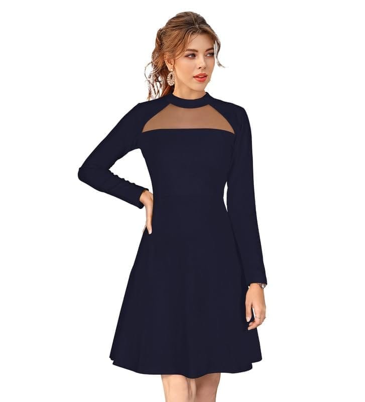 Women's Knitting Stretchable Solid Round Neck Full Sleeve Dresses (Blue, XL)-PID56836
