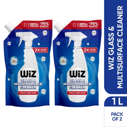 Wiz Cleen 2X More Shine Glass & Multi-Surface Cleaner Liquid 1L Refill (Pack of 2) | Streak-Free Shine | Glass Cleaner for Car, Kitchen & Home | 70% Less Plastic Refill Pouch Wiz Cleen 2X More Shine Glass & Multi-Surface Cleaner Liquid 1L Refill (Pack of 2) | Streak-Free Shine | Glass Cleaner for Car, Kitchen & Home | 70% Less Plastic Refill Pouch