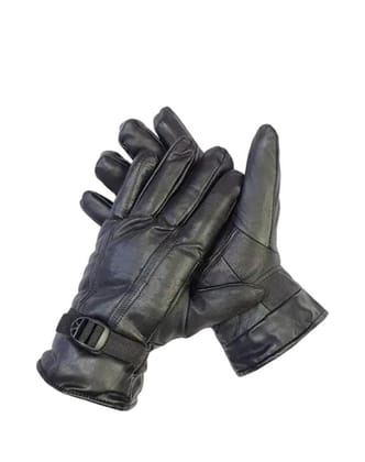 Premium Black Genuine Leather Winter Gloves with Adjustable Strap