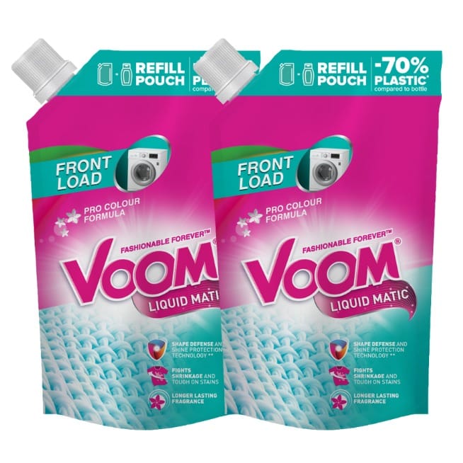 Voom Liquid Matic Front Load Laundry Detergent Refill Pouch - 1L (Pack of 2)| Pro Colour Formula | 70% Less Plastic | Fights Shrinkage & Stains | Long-Lasting Freshness