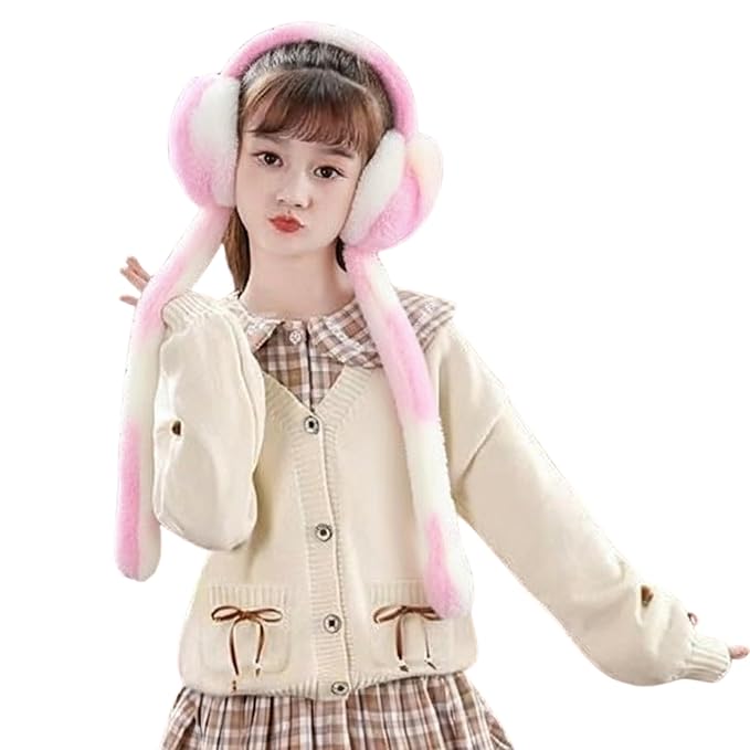 Adorable Bunny Moving Ear Earmuffs for Kids | Soft Plush Ear Muffs with Sound | Warm Winter Faux Fur Ear Warmers for Boys & Girls light pink