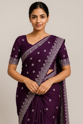 Elegant Purple Silk Saree with Intricate Silver Embroidery