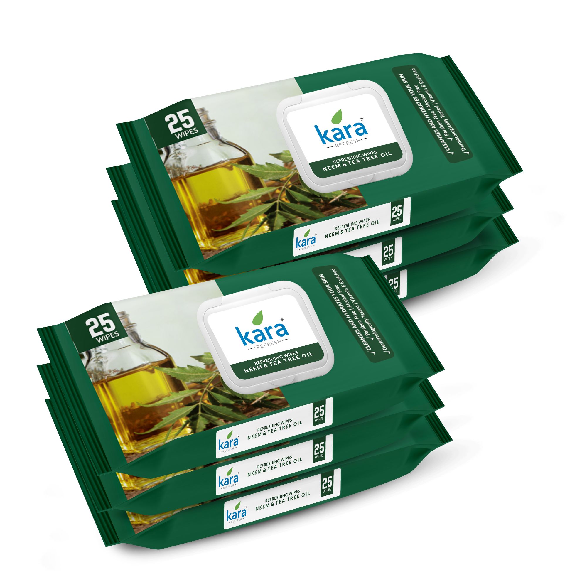 Kara Neem & Tea Tree Oil Facial Wipes – 25 N Each (Pack of 6, 150 Wipes) | For Clear, Acne-Free Skin | Purifying & Refreshing Cleansing Wet Face Wipes with Tea Tree Oil