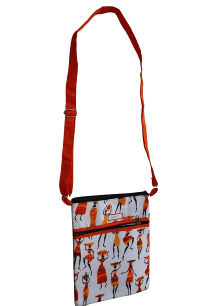 Unisex White Tribal Print Sling Bag with Orange Accents