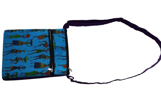 Unisex Blue Printed Canvas Shoulder Bag with Purple Strap