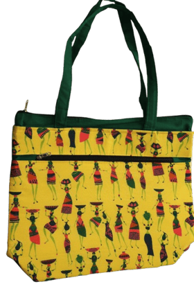 Handmade Insulated Fabric Tote Bag – Yellow African Art Print | Zippered Large Carry Bag for Women