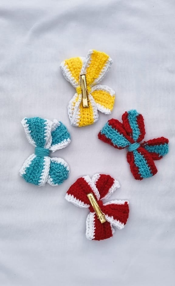 Handmade Crochet Bow Hair Clips for Girls & Women - Set of 4 Vibrant Colors