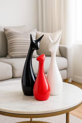 Modern Abstract Ceramic Cat Figurines - Set of 3 (Black, White, Red) Modern Abstract Ceramic Cat Figurines - Set of 3 (Black, White, Red)