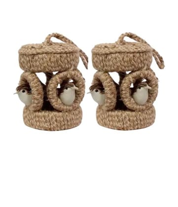 Set of 2 Handcrafted Jute Bird House Decorative Items with Miniature Birds