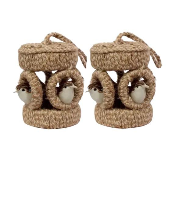 Set of 2 Handcrafted Jute Bird House Decorative Items with Miniature Birds