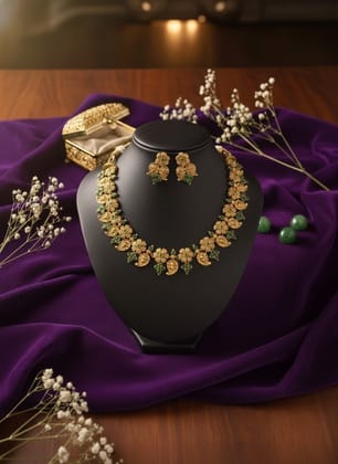 Matte Polish Green Stone Floral Necklace & Earring Set for Women