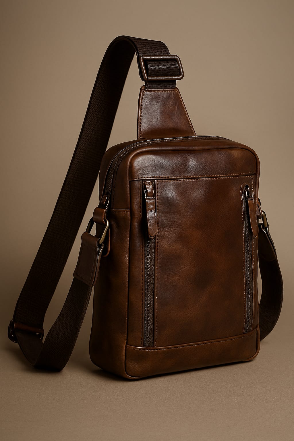 Premium Brown Leather Men's Sling Bag with Adjustable Strap
