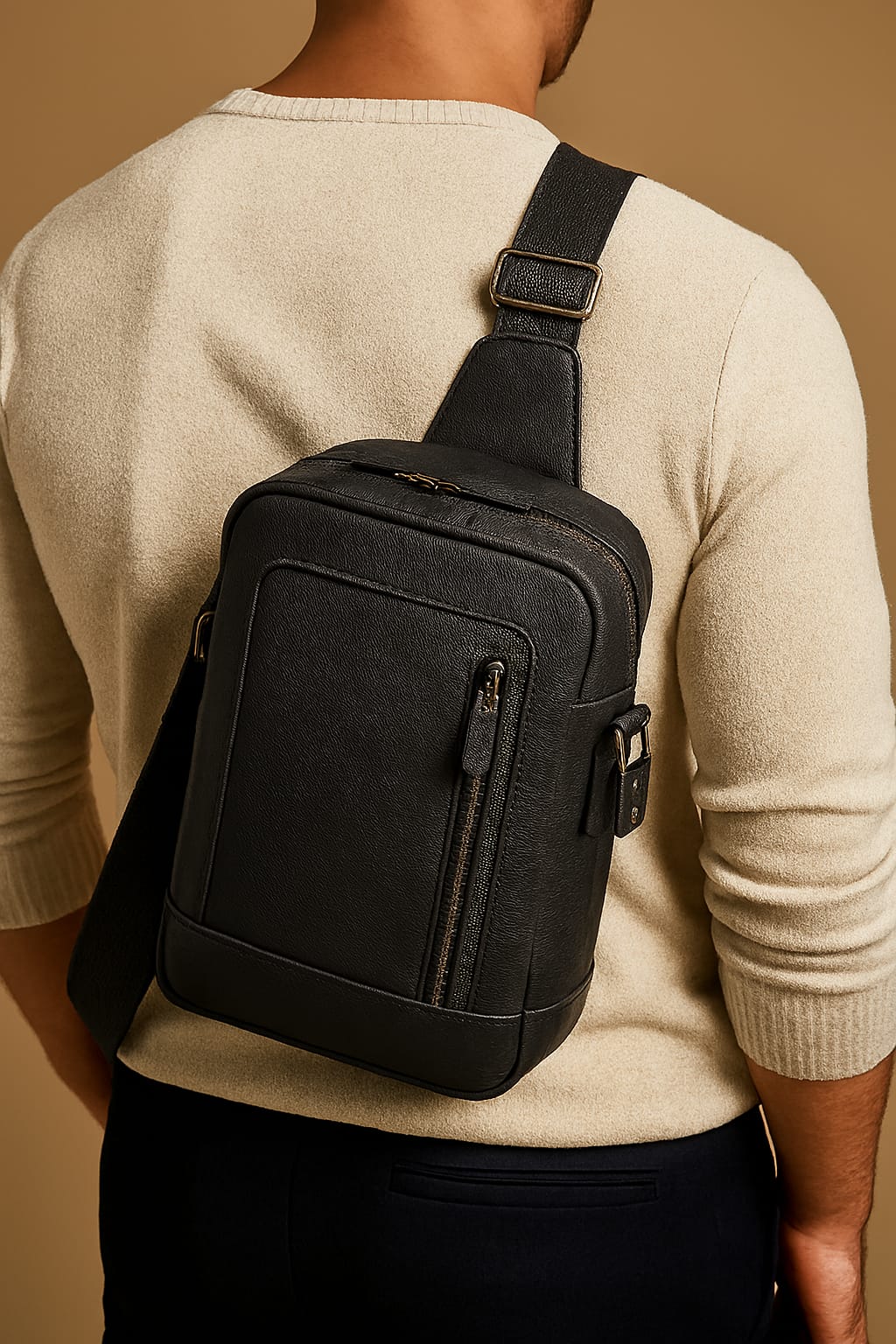 Black Textured Leather Sling Bag for Men and Women