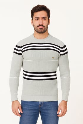 Men's Light Grey Striped Full Sleeve Acrylic Crew Neck Sweater