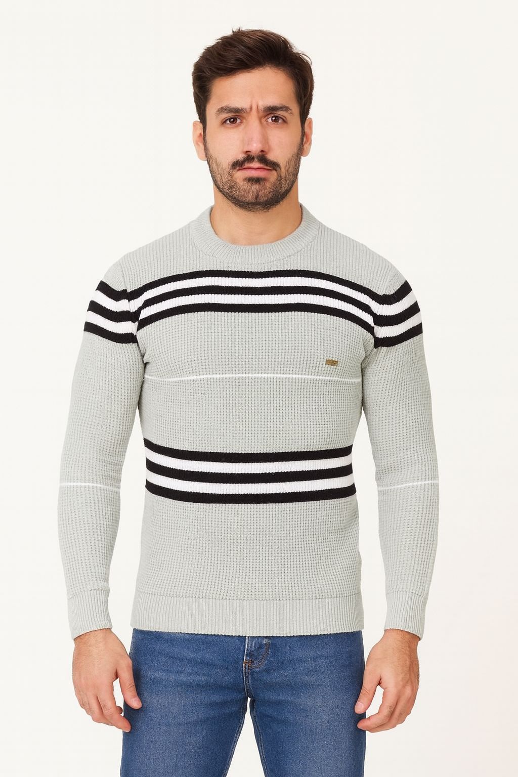Men's Light Grey Striped Full Sleeve Acrylic Crew Neck Sweater