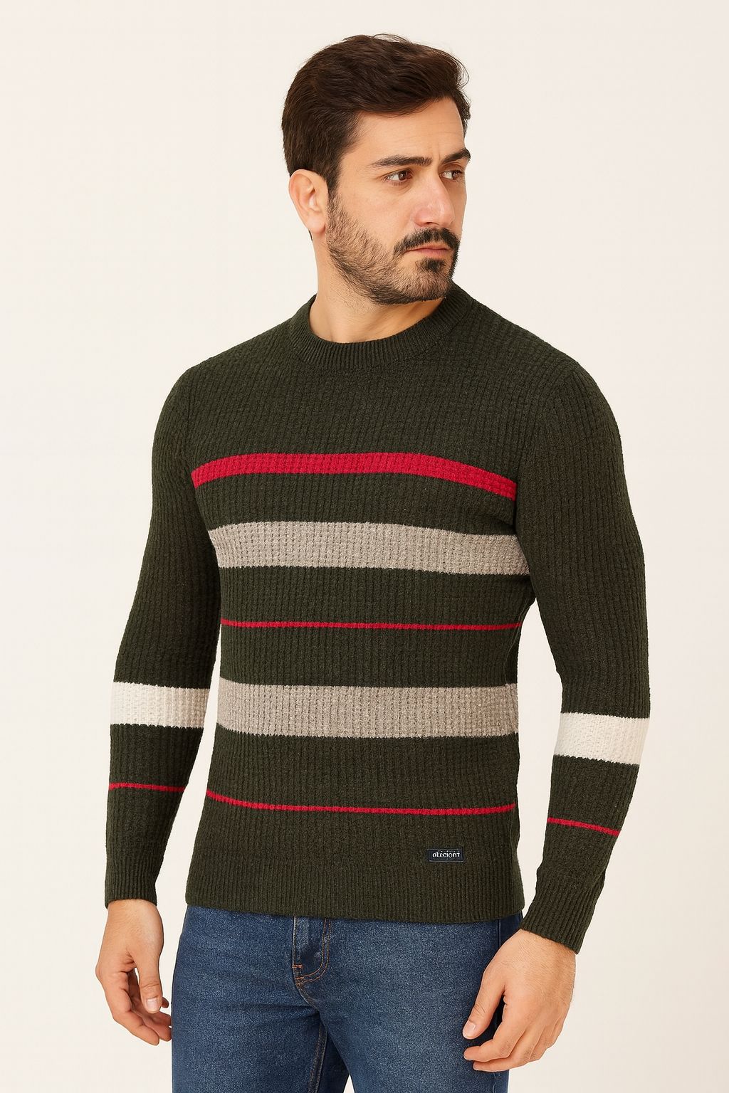 D'luzions Men's Striped Ribbed Knit Wool Sweater - Dark Green