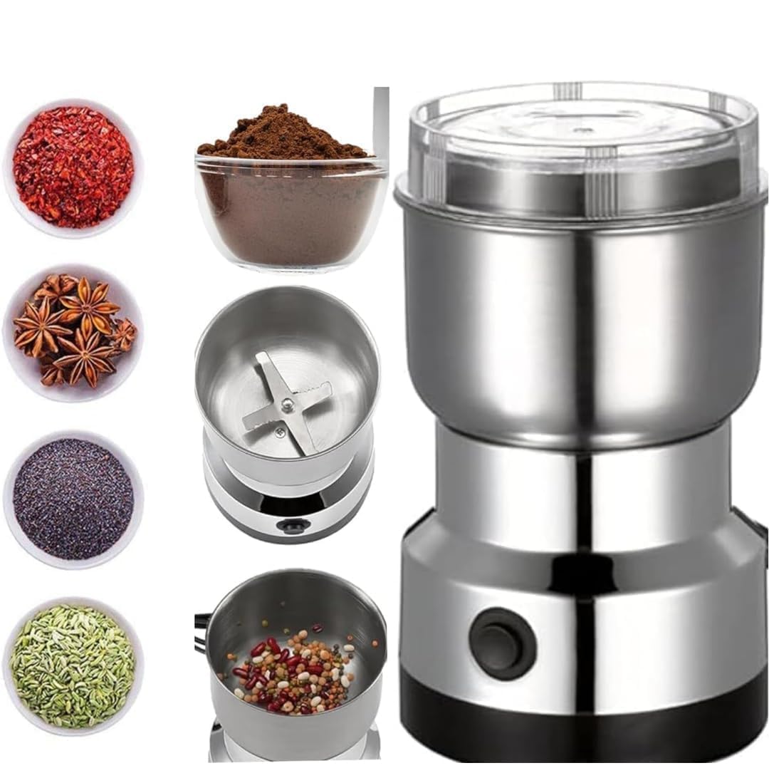 Mini Electric Coffee & Spice Grinder 150W | Stainless Steel Dry Masala Grinder | Multipurpose Mini Grinder for Coffee Beans, Nuts, Seeds & Spices | Compact Kitchen Appliance (Silver) 