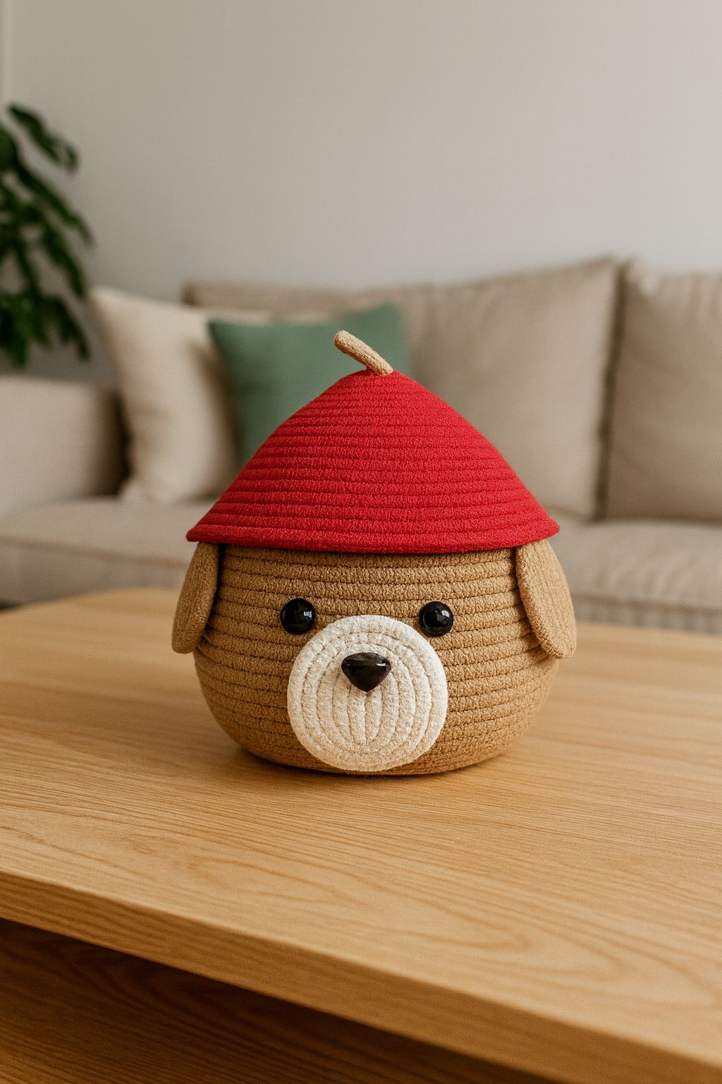 Handcrafted Crochet Dog Storage Basket with Red Conical Lid