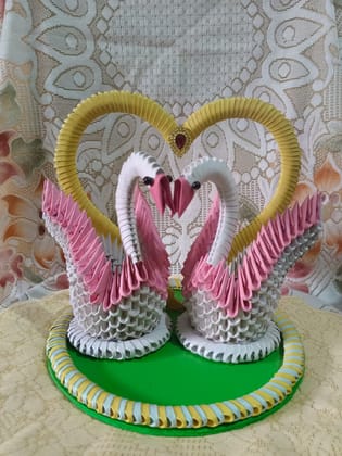 Handcrafted 3D Origami Swan Couple with Golden Heart Frame - White & Pink Decorative Showpiece Handcrafted 3D Origami Swan Couple with Golden Heart Frame - White & Pink Decorative Showpiece