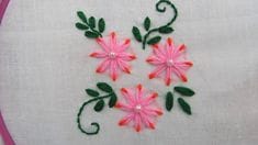 Hand Embroidered Pink Flowers with Green Leaves Design