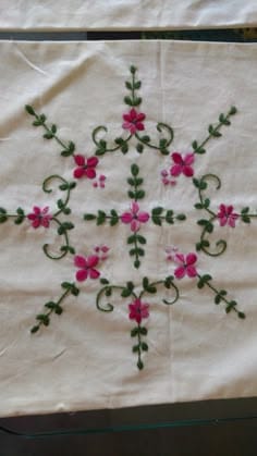 Hand Embroidered Floral Design Textile - Pink & Green