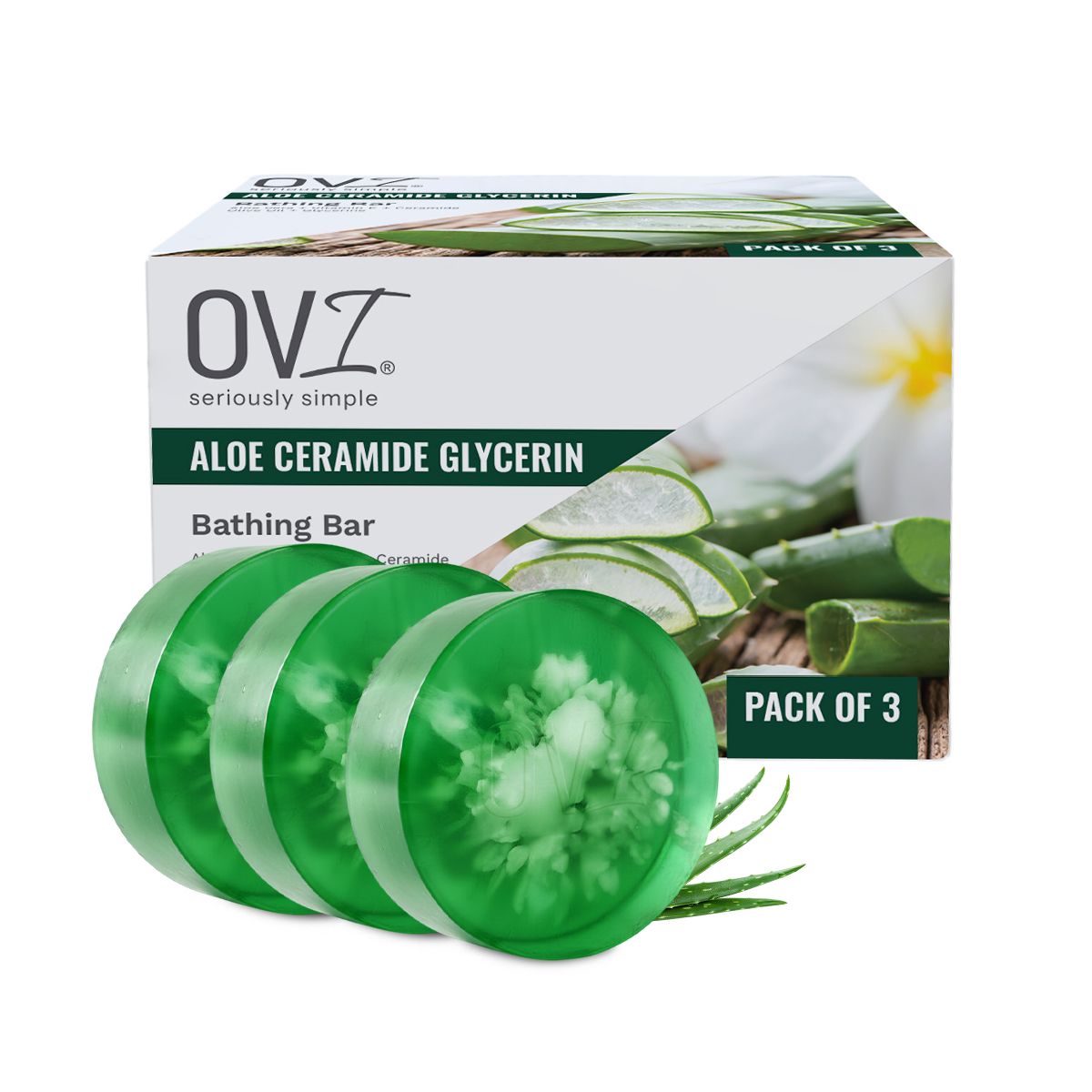 OVI Aloe Ceramide Glycerin Bathing Bar Soap - 100g (Pack of 3) |Enriched with Aloe Vera, Ceramides & Olive Oil Bath Soap| For Hydrated & Nourished Skin