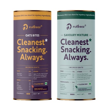 Assosrted Pack of2 nutbeez snacks Assorted Pack Include 1.Oats Bites (100 * 1) 2.nutneez Savoury Mixture(1no-50 gm Each)| Power of 5 seeds| Goodness of Jowar/Besan| Digestive Spices| Baked/Roasted|