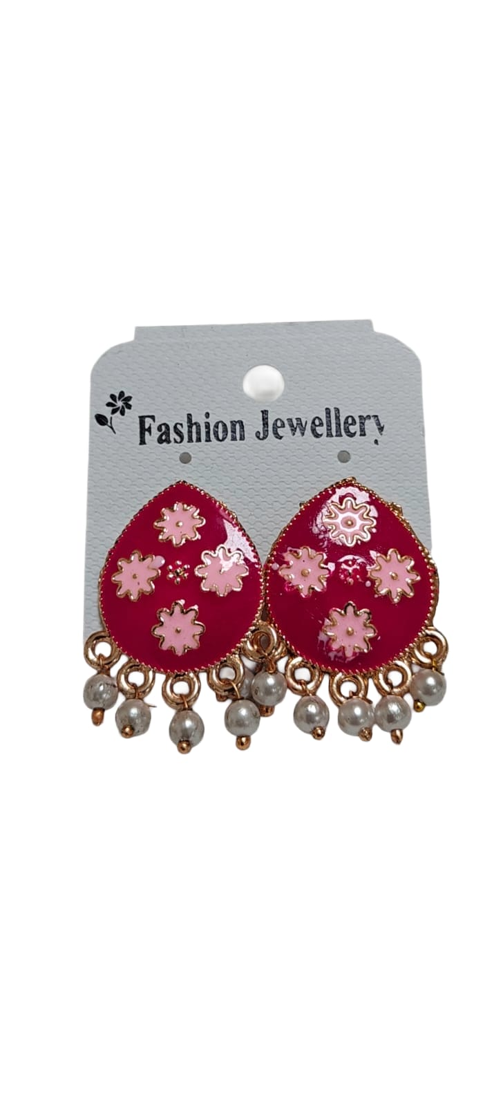 Traditional Pink Floral Enamel Jhumka Earrings with Pearl Drops