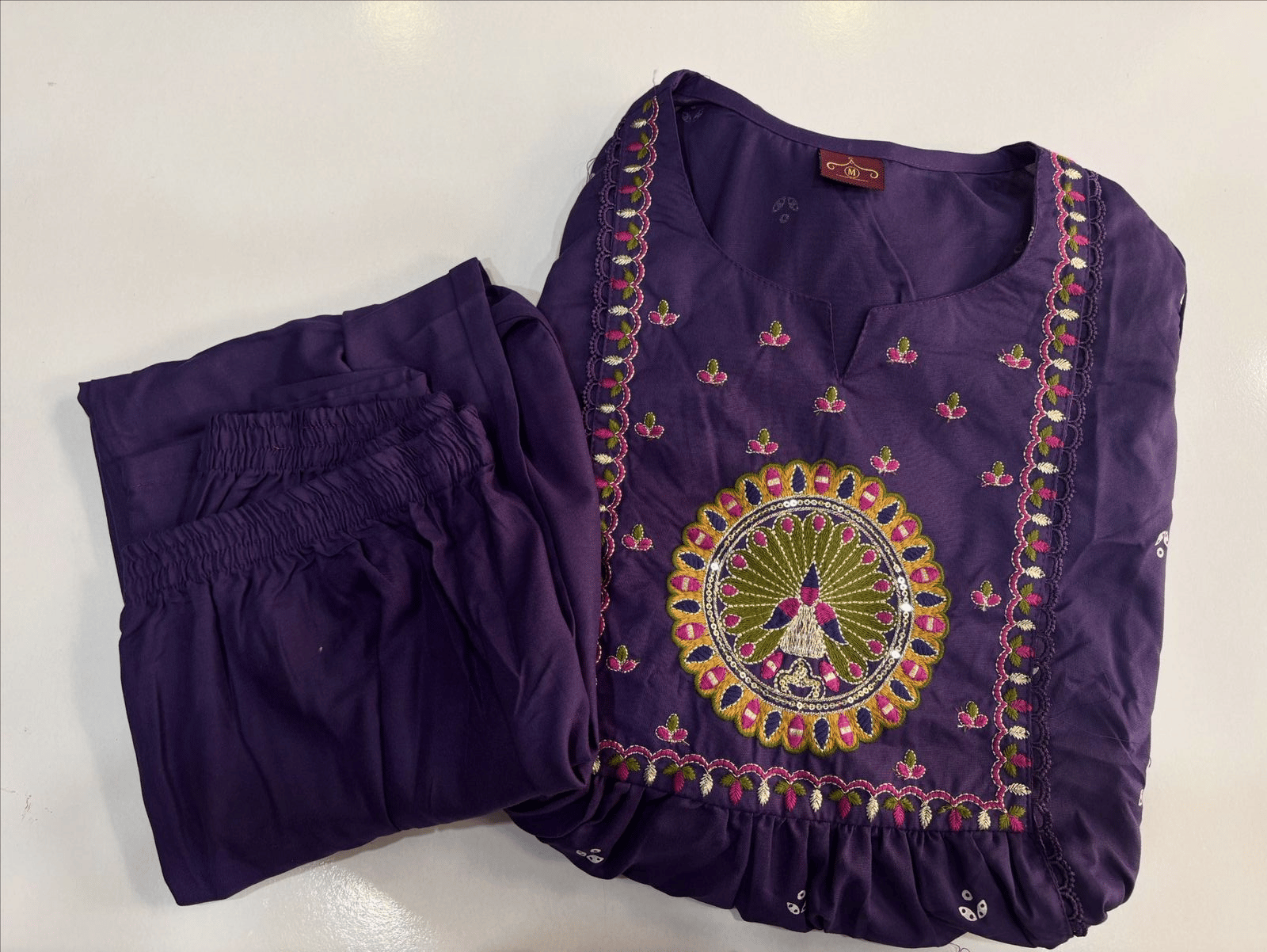 Women's Deep Purple Embroidered Cotton Kurti with Sequin Work