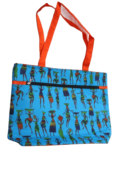 Vibrant Blue Cotton Tote Bag with Ethnic Print & Zipper Closure