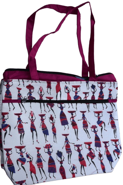 Handmade White Tribal Print Cotton Tote Bag with Magenta Handles – Multi-Pocket, Zipper Closure, Spacious & Eco-Friendly