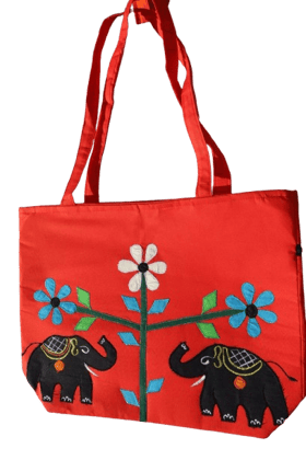 Handmade Red Cotton Tote Bag with Elephant Embroidery – Spacious, Dual-Strap Shoulder Bag with Back Zipper Pocket