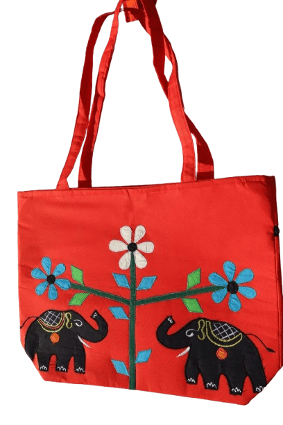 Handmade Red Cotton Tote Bag with Elephant Embroidery – Spacious, Dual-Strap Shoulder Bag with Back Zipper Pocket