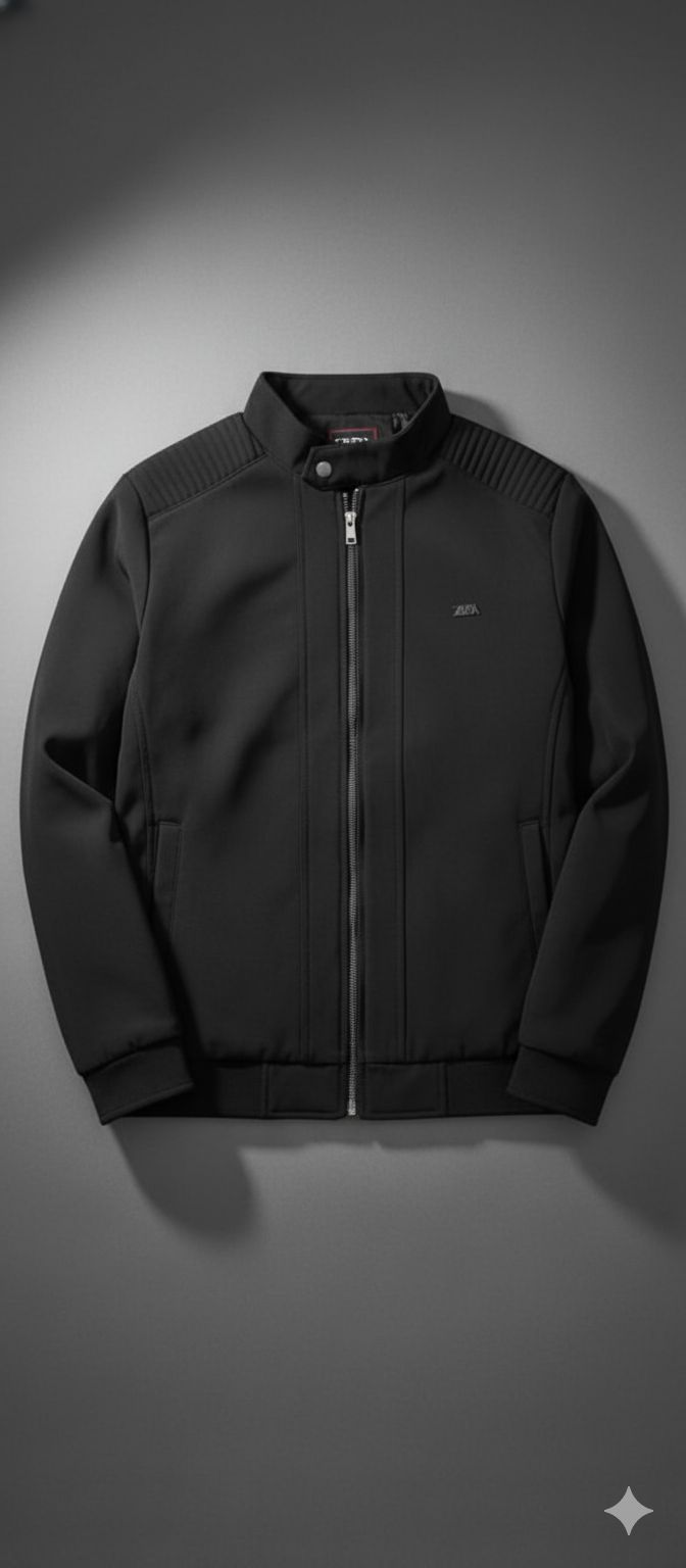 Men's Black Polyester Full-Zip Stand Collar Jacket