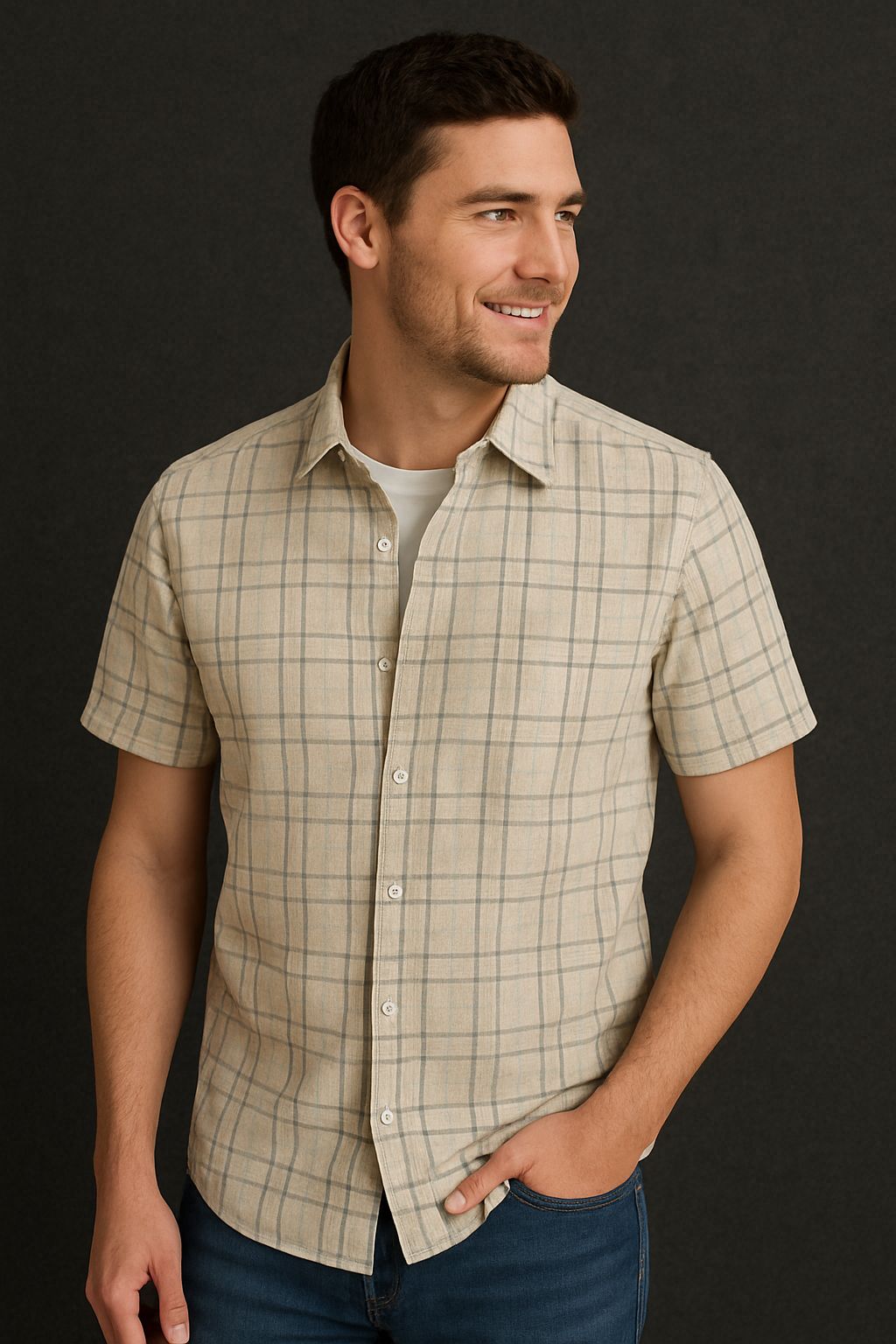 Men's Beige Plaid Short Sleeve Casual Shirt