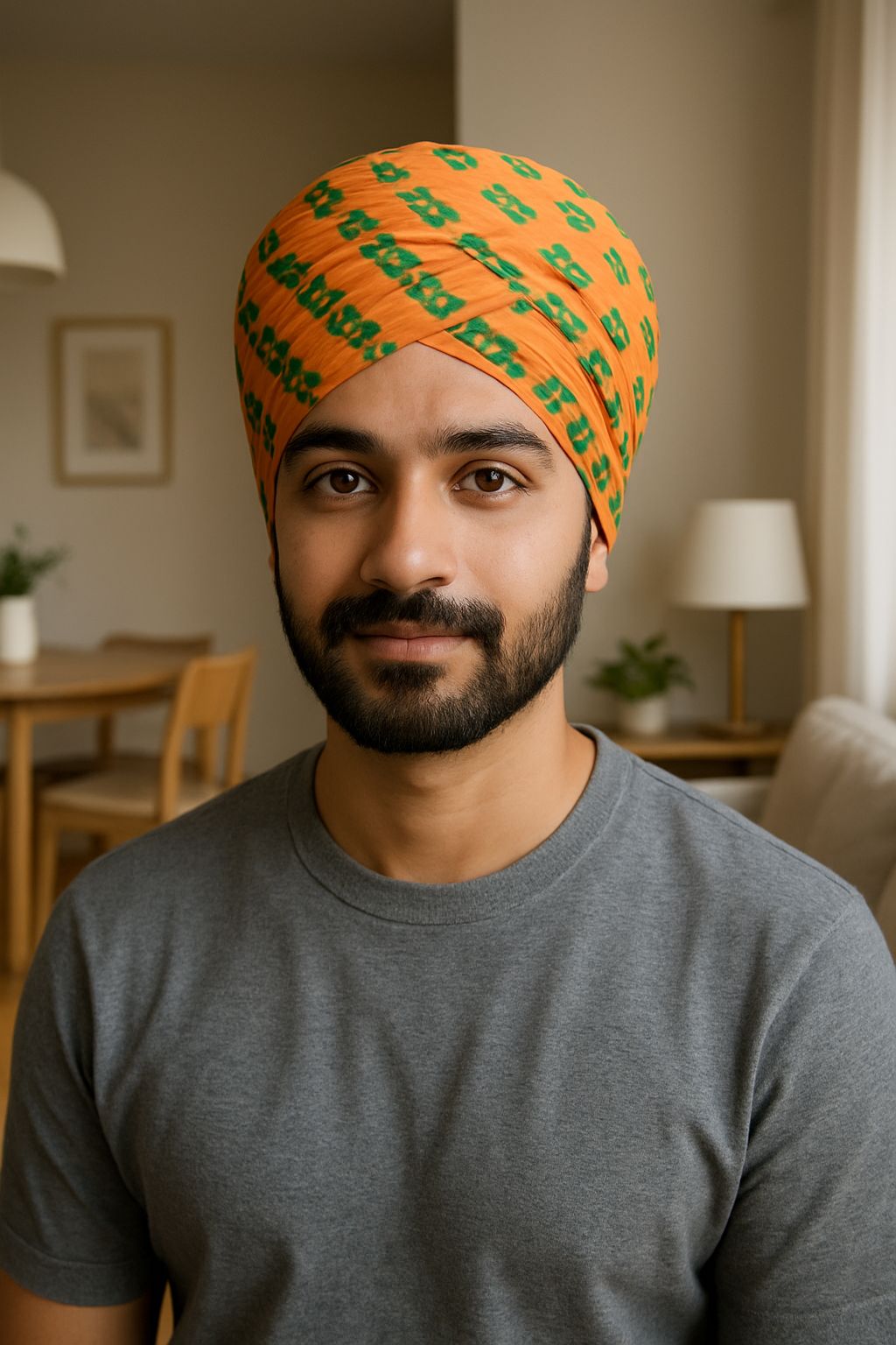 Vibrant Orange Turban with Green Geometric Pattern