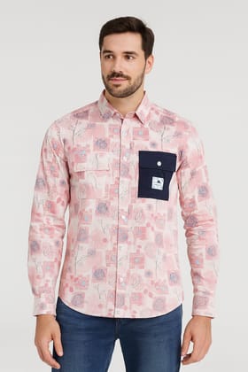Pink Floral Striped Cotton Casual Shirt with Contrast Pocket Pink Floral Striped Cotton Casual Shirt with Contrast Pocket