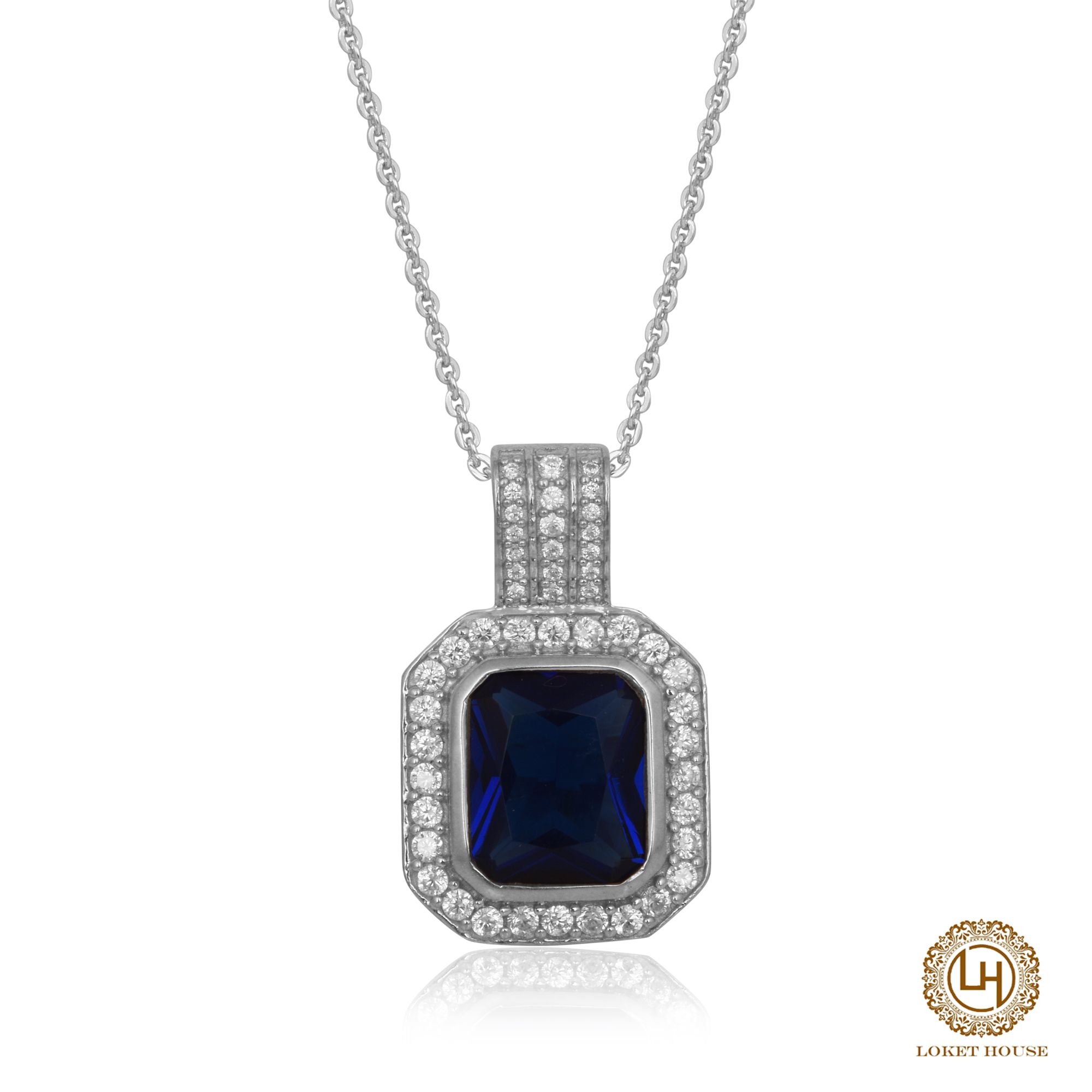 Royal Blue Emerald Cut Pendant with Cubic Zirconia & Silver Chain