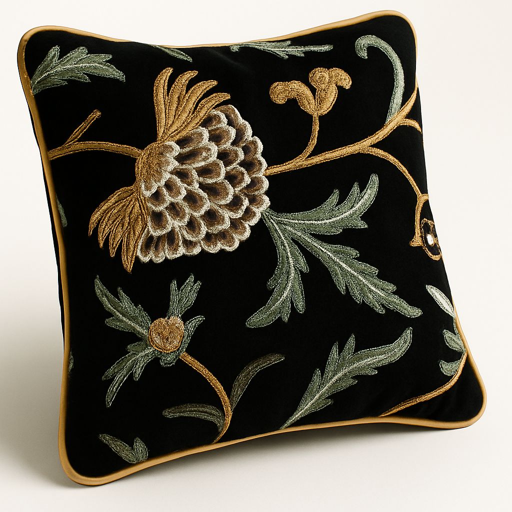 Black Embroidered Floral Velvet Cushion