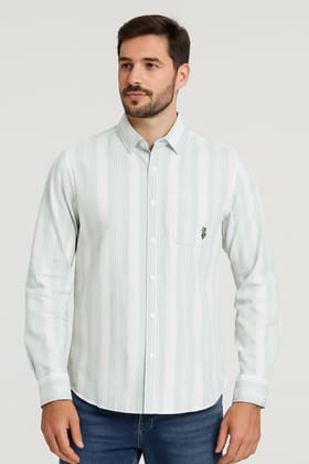 Men's Light Green Striped Long Sleeve Cotton Casual Shirt Men's Light Green Striped Long Sleeve Cotton Casual Shirt