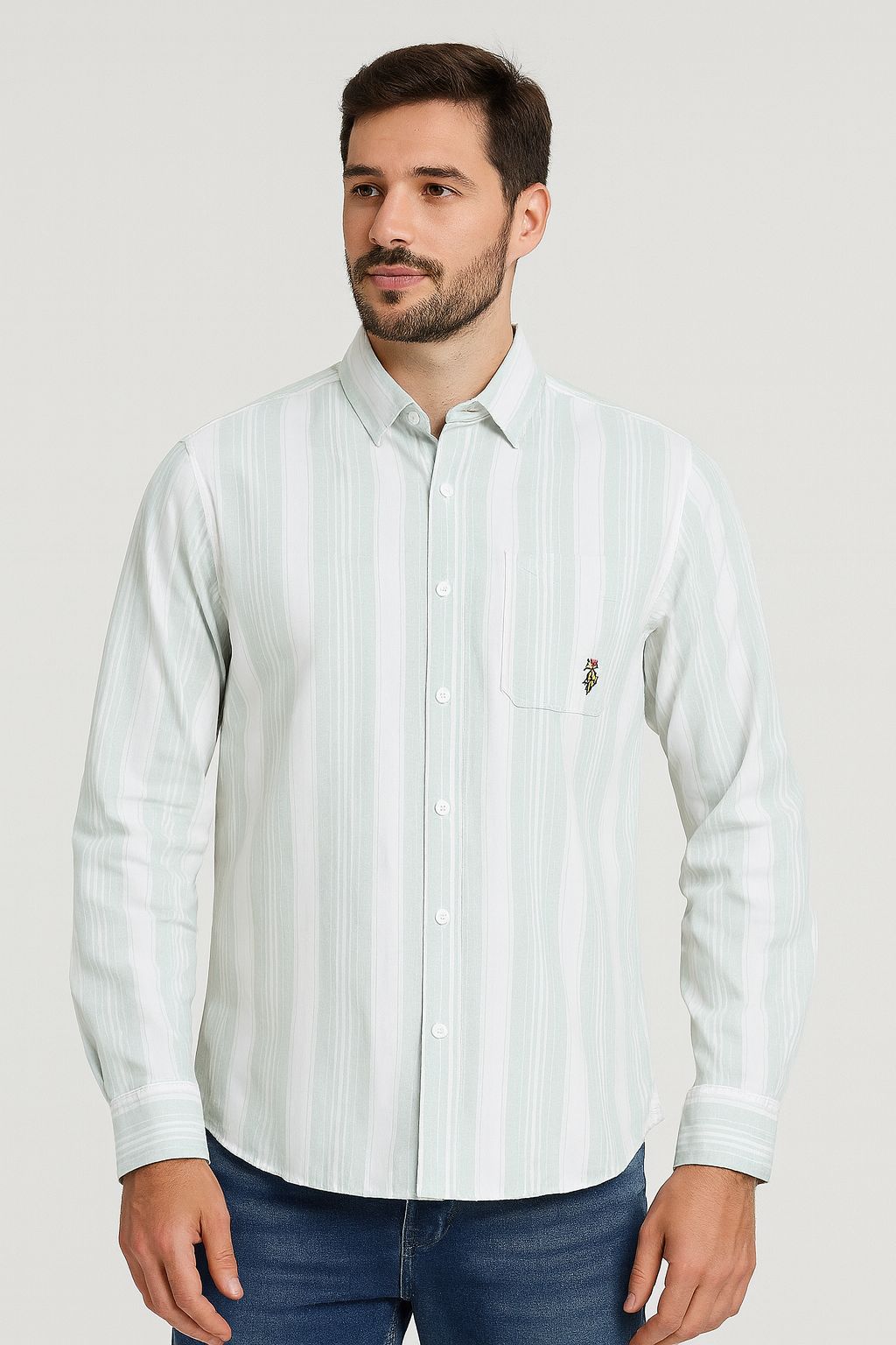 Men's Light Green Striped Long Sleeve Cotton Casual Shirt