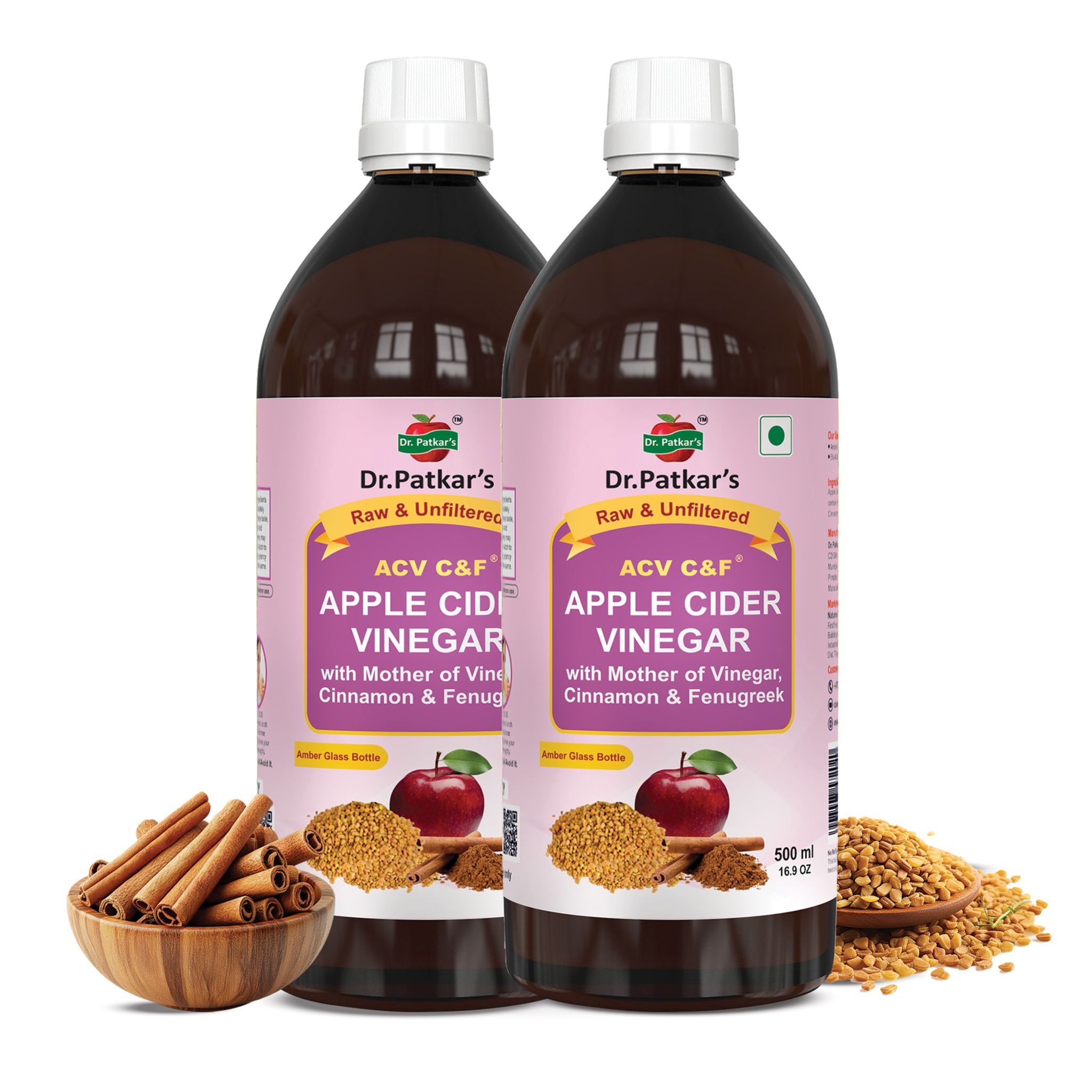 Dr. Patkar's Apple Cider Vinegar with Cinnamon & Fenugreek | Unfiltered & Undiluted | Suitable for Sugar & Diabetes Control with Improved Immunity & Lowers Bad Cholesterol (With Mother) 1000ML