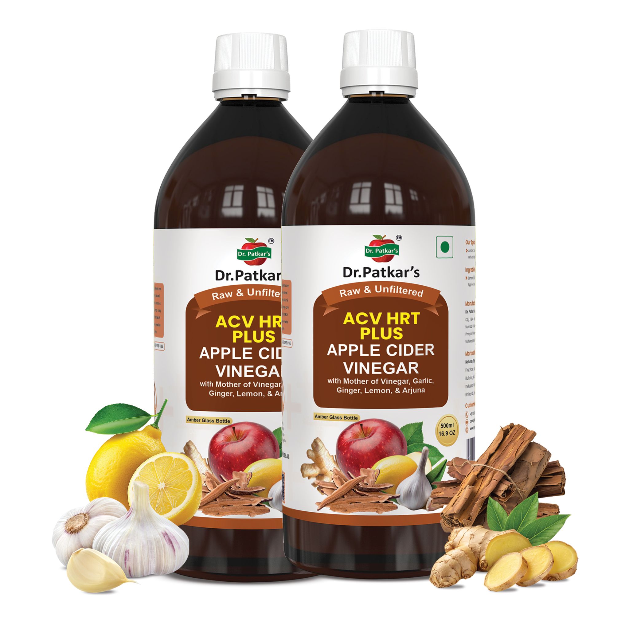 Dr. Patkar's Apple Cider Vinegar with Ginger, Garlic, Lemon & Arjuna (ACV HRT PLUS) + Formula Morning Detox Tonic Heart, Immunity & Digestion Support 1000 ML (Pack of 1)