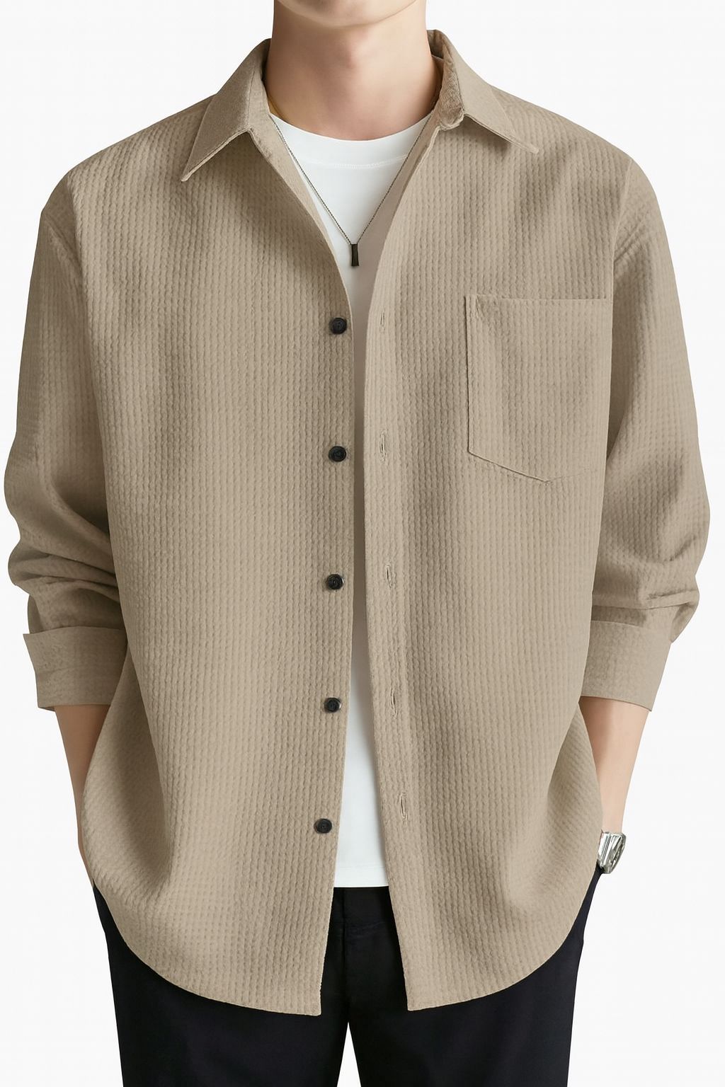 Men's Relaxed Fit Beige Waffle Knit Long Sleeve Shirt