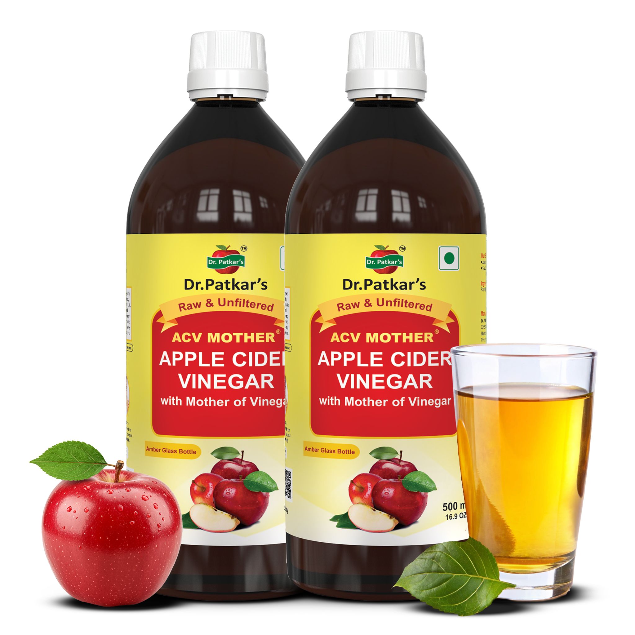 Dr. Patkar's Apple Cider Vinegar with Mother Vinegar | Unfiltered & Undiluted | Suitable for Weight Management & Improved Immunity (With Mother) 500ml (Pack of 2)