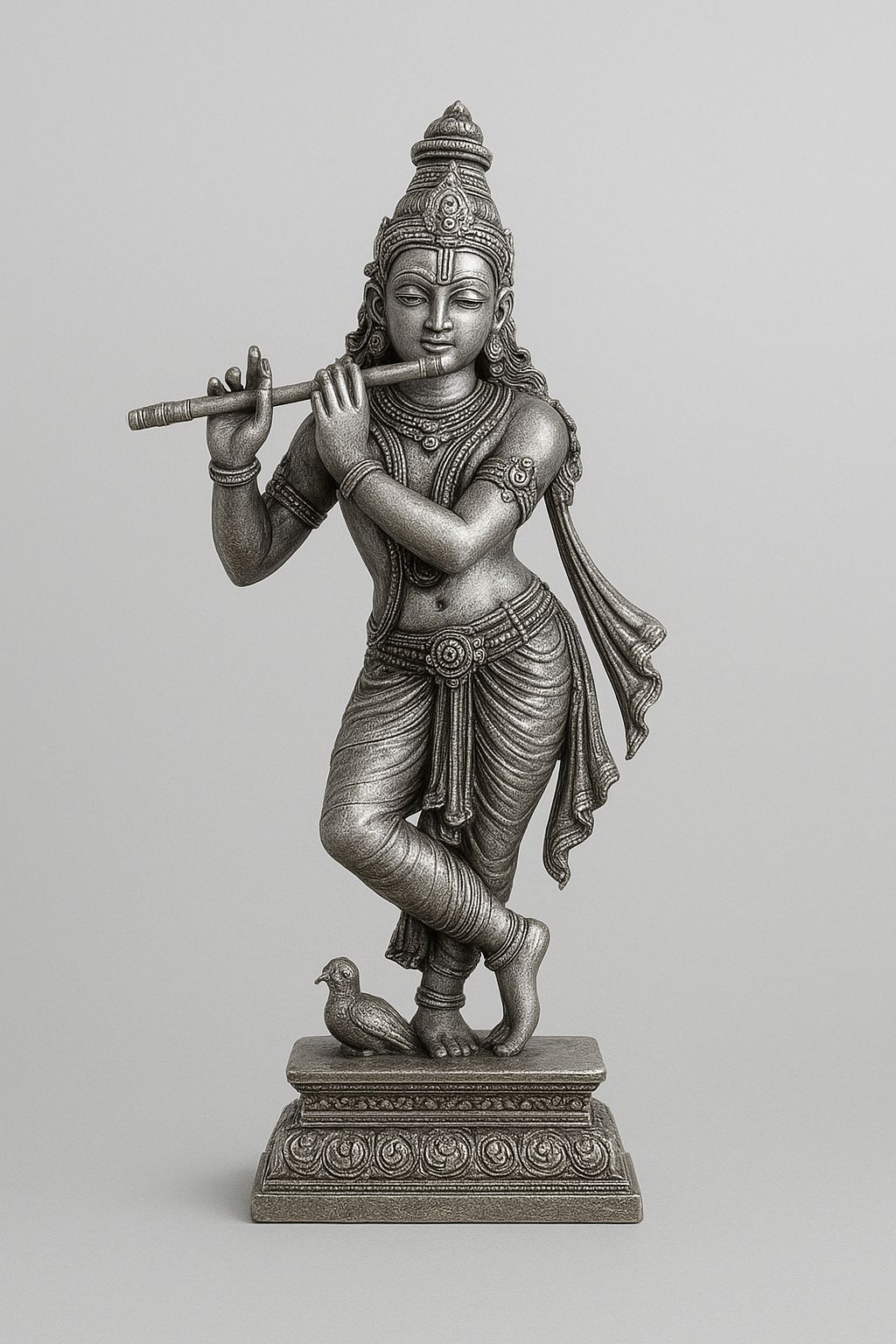 Divine Silver-Finished Lord Krishna Flute Player Statue for Home Decor & Altar