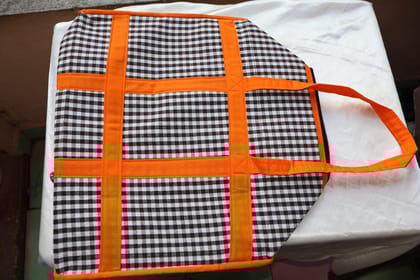 Multipurpose Checkered Cloth Shopping Bag with Heavy-Duty Orange Straps & Bottom Stand Buttons – Large Size