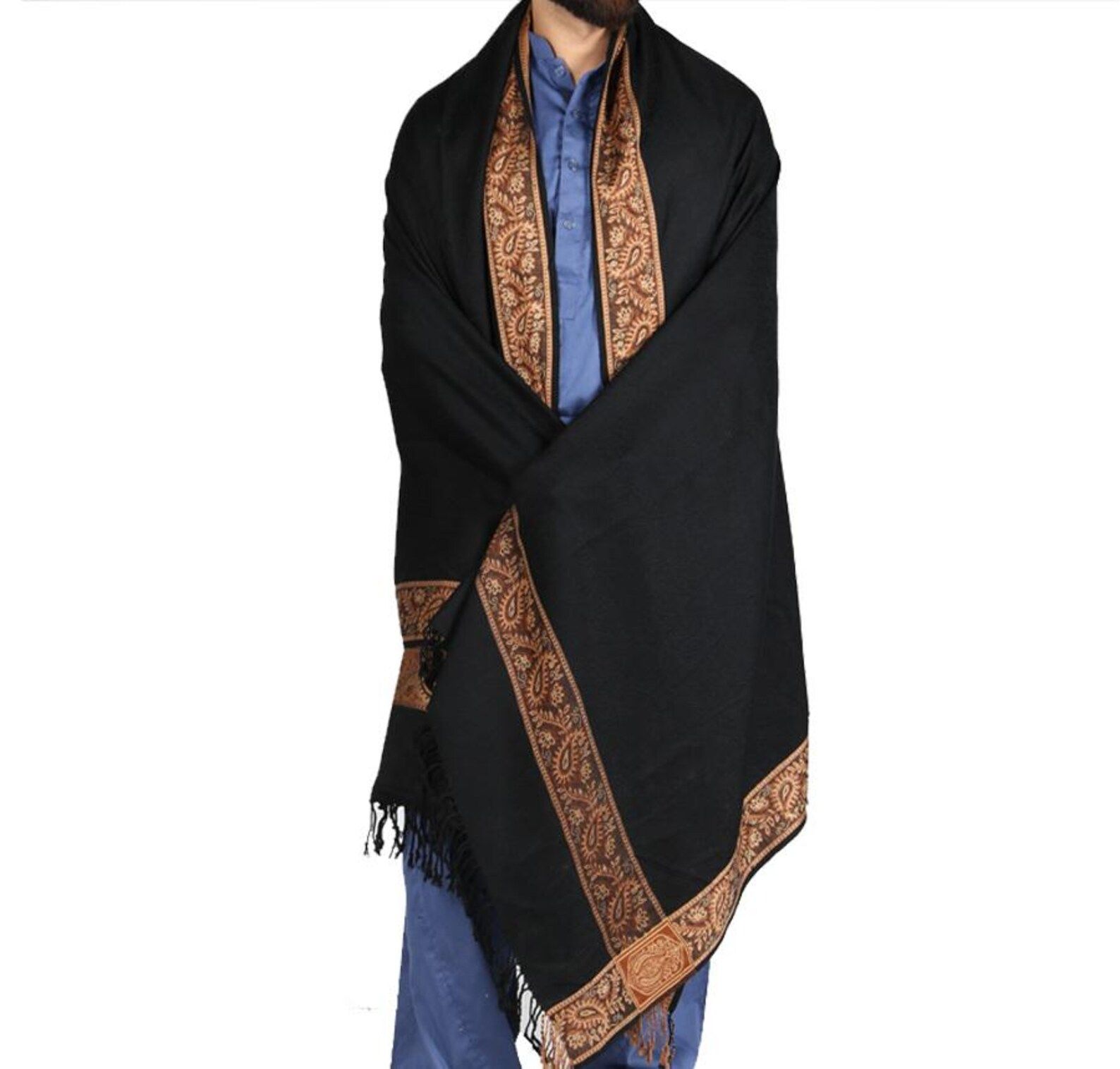 Black Acrowool Shawl: 4 Border Karbala Style Chadder,