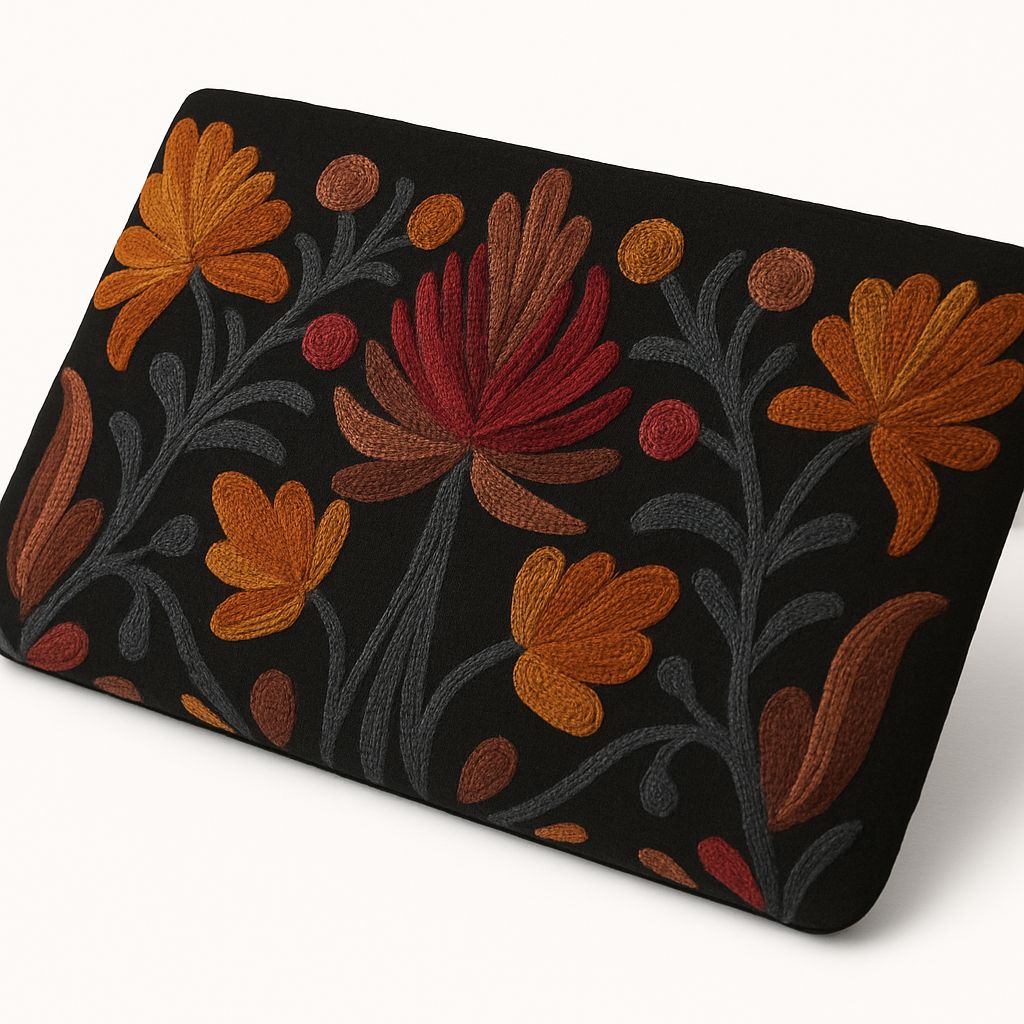 Floral Embroidered Black Rectangular Cushion
